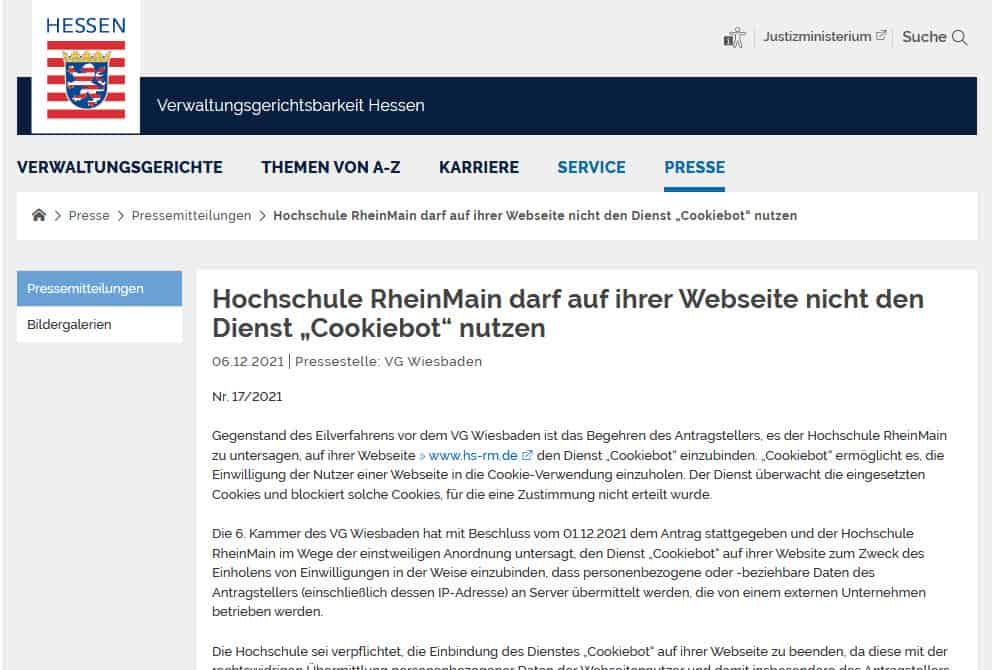 Captură de ecran a site-ului web al Tribunalului Administrativ Wiesbaden despre hotărârea Cookiebot